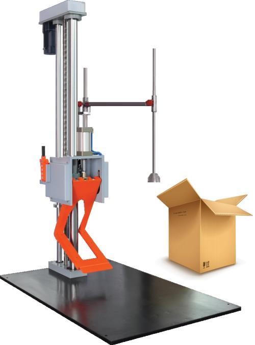 Package drop tester with orange support arm and impact base. Representative catalog photograph.