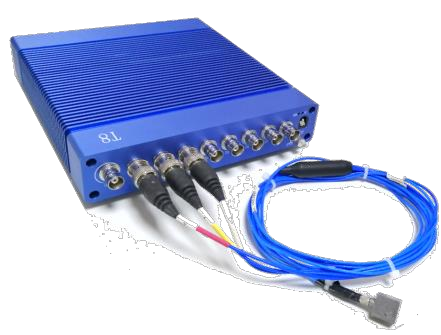 Blue T8 measurement instrument with connectors and a USB cable. Representative catalog photograph.